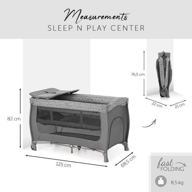 საბავშვო ორდონიანი საწოლ-მანეჟი Sleep’n Play Center,გამოსაცვლელი დაფით და საბურავებით. ფერი: მუქი ნაცრისფერი